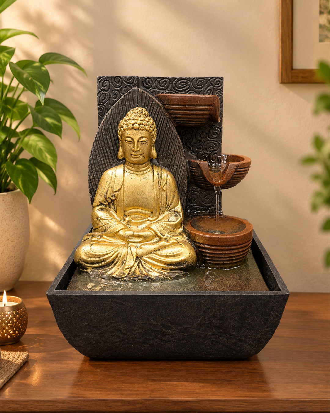 Gold Buddha Tabletop Water Fountain – 3-Tier Cascading Design