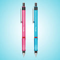 Two rOtring Visuclick 0.7mm mechanical pencils with triangular grips, one in pink and one in blue, with visible erasers and branding on the blue barrels.