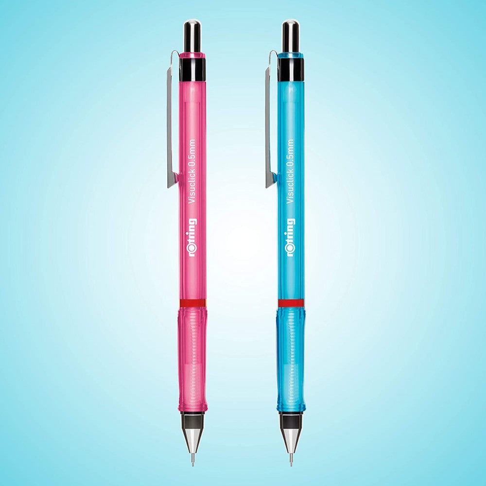 Two rOtring Visuclick 0.7mm mechanical pencils with triangular grips, one in pink and one in blue, with visible erasers and branding on the blue barrels.