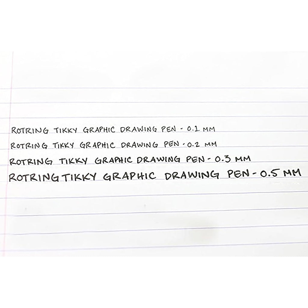 Text on lined paper describing Rotring Tikky Graphic fineliner with different nib sizes.