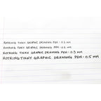 Text on lined paper describing Rotring Tikky Graphic fineliner with different nib sizes.