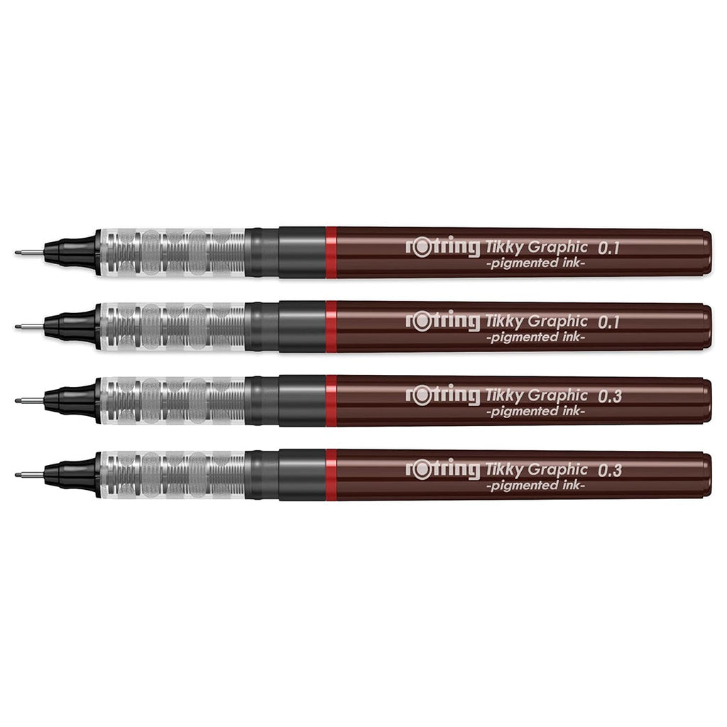 Rotring Tikky Graphic Pigment Liner – 0.1mm & 0.3mm (Set of 4) with different nib sizes on a white background