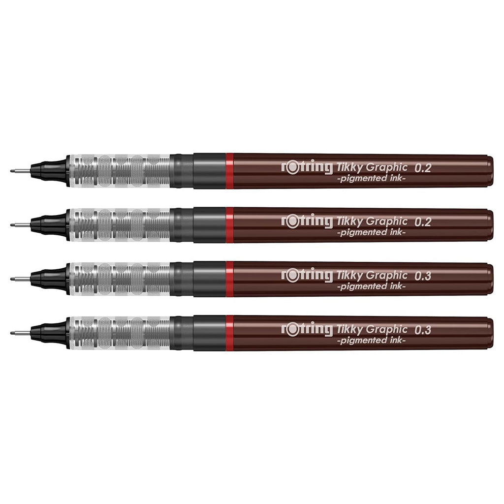 Rotring Tikky Graphic Fineliner Black – 0.2mm & 0.3mm (Set of 4) with different nib sizes on a white background