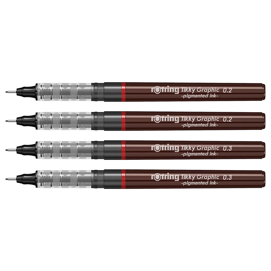 Rotring Tikky Graphic Fineliner Black – 0.2mm & 0.3mm (Set of 4) with different nib sizes on a white background