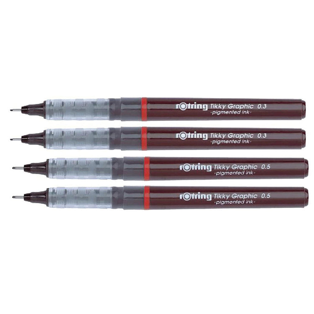 Rotring Tikky Graphic Fineliner Black in 0.3mm & 0.5mm (Set of 4) with different nib sizes on a white background