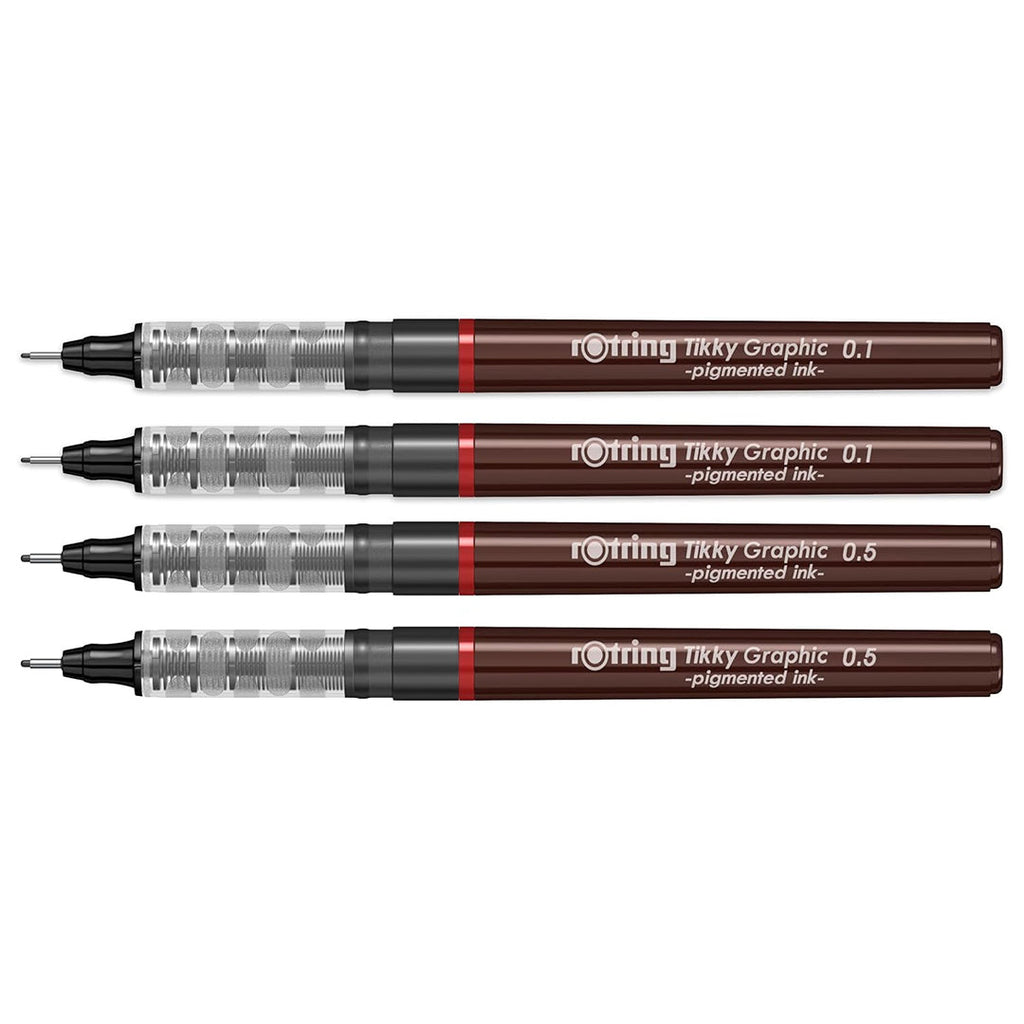 4 Rotring Tikky Graphic Fineliner Black in 0.1mm & 0.5mm on a white background