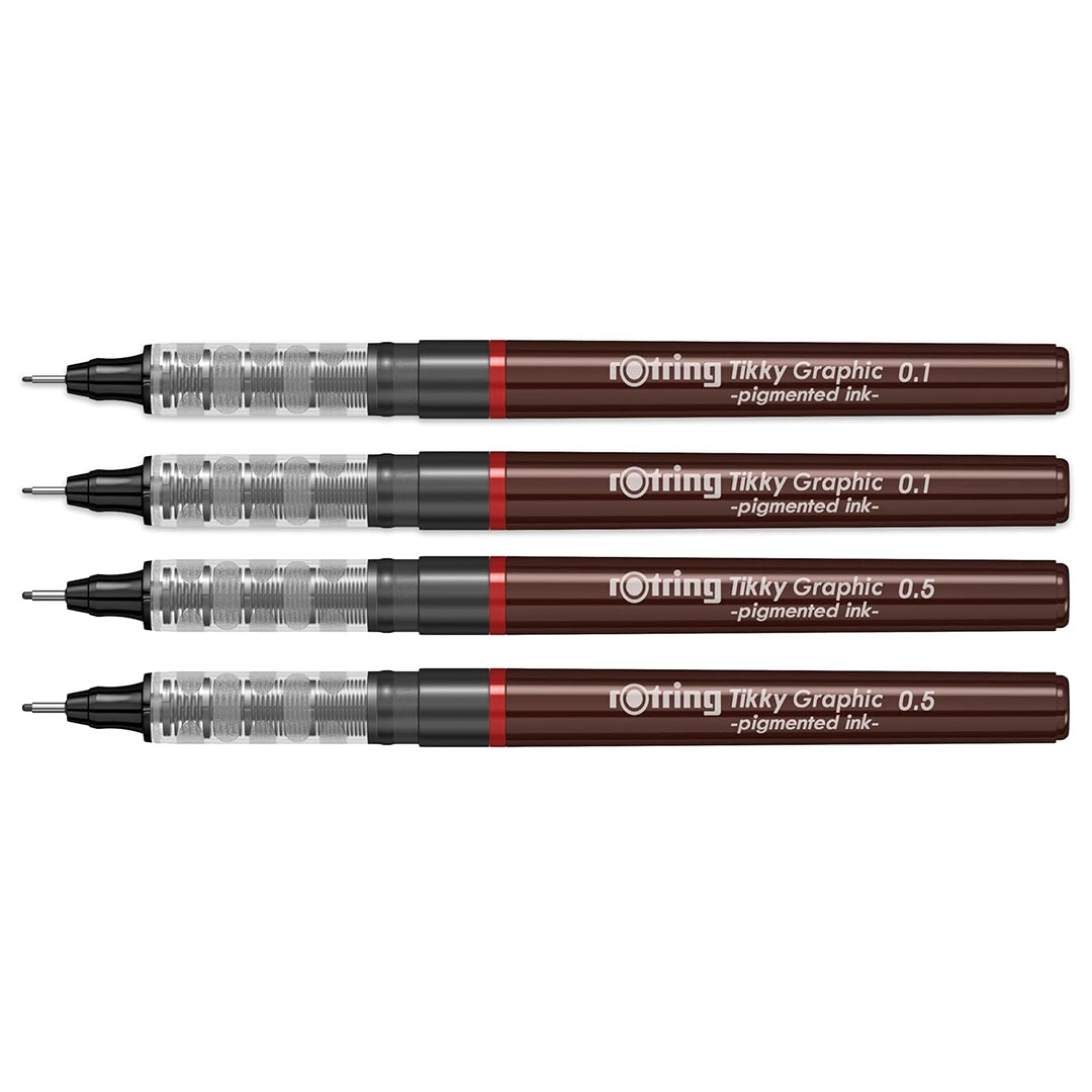4 Rotring Tikky Graphic Fineliner Black in 0.1mm & 0.5mm on a white background