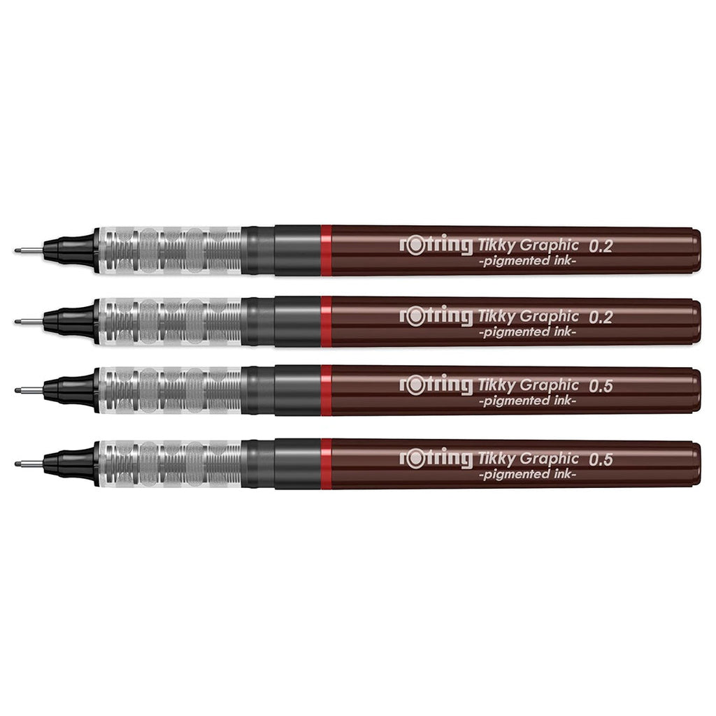 Set of four Rotring Tikky Graphic Fineliners with different nib sizes on a white background