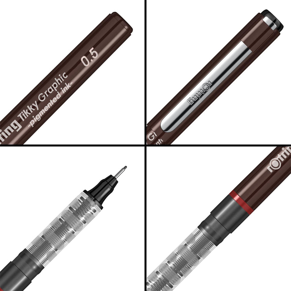 Four views of a Rotring Tikky Graphic fineliners on a white background