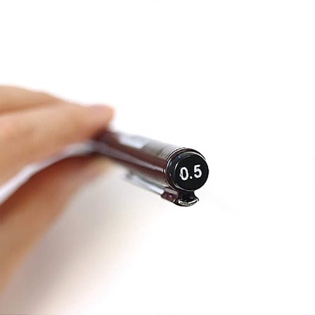 Rotring Tikky Graphic Fineliner with a cap labeled '0.5' held by a hand on a white background