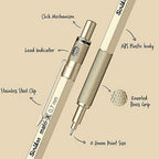 Detailed view of a Scrikss Matri-X 0.7mm Metallic Gold Mechanical Pencil with labeled parts on a beige background.