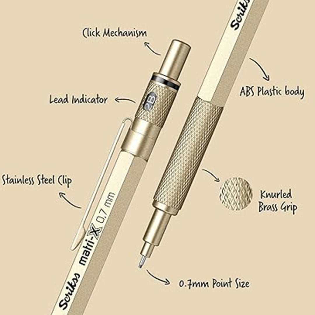 Detailed view of a Scrikss Matri-X 0.7mm Metallic Gold Mechanical Pencil with labeled parts on a beige background.