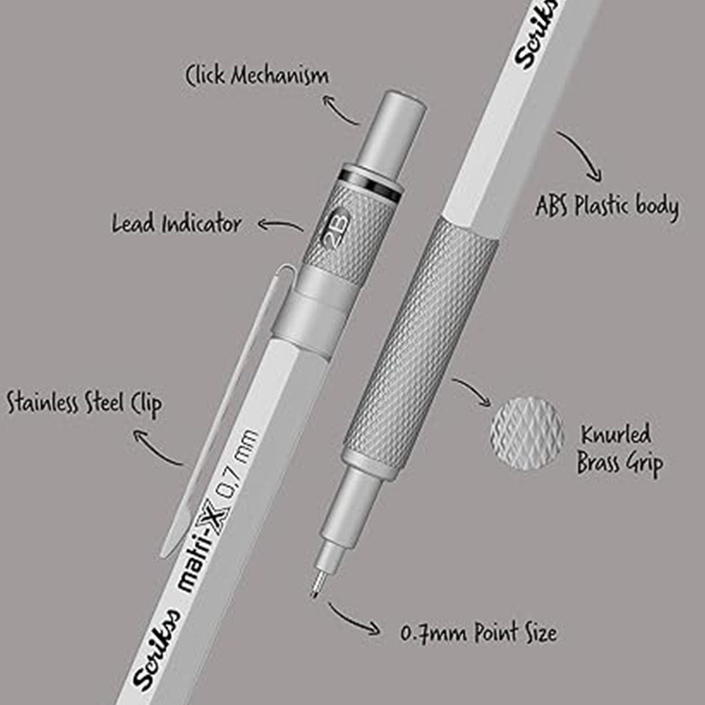 Scrikss Matri-X 0.7mm Mechanical Pencil in Light Grey with labeled parts on a grey background