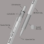 Scrikss Matri-X 0.7mm Mechanical Pencil in Light Grey with labeled parts on a grey background
