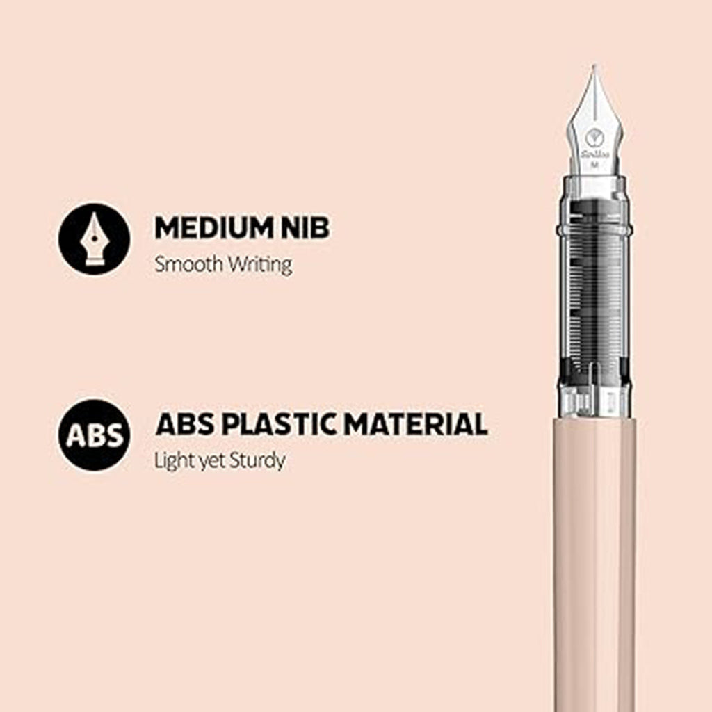 scrikss premio Fountain pen with medium nib and ABS plastic material features on a light pink background.