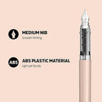 scrikss premio Fountain pen with medium nib and ABS plastic material features on a light pink background.