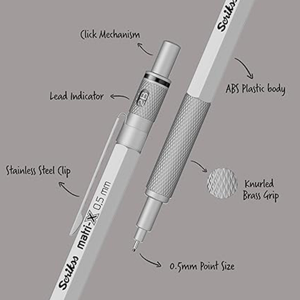 Scrikss Matri-X 0.5mm Light Grey Mechanical Pencil with labeled parts on a gray background