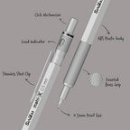 Scrikss Matri-X 0.5mm Light Grey Mechanical Pencil with labeled parts on a gray background