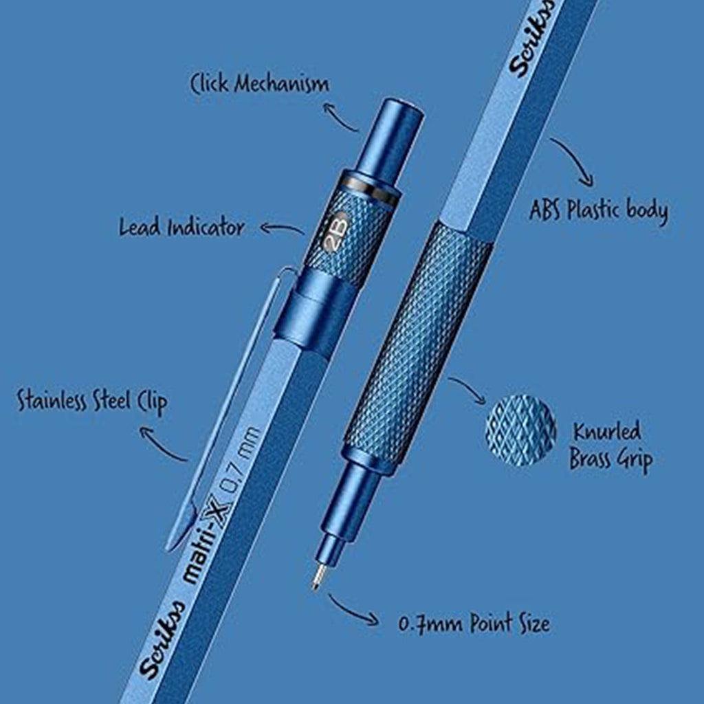 Scrikss Matri-X 0.7mm Blue mechanical pencil with labeled parts on a blue background