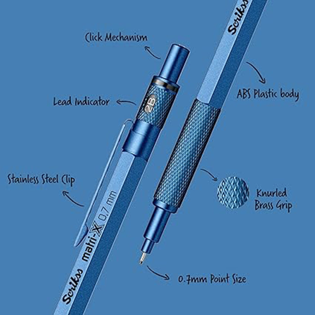 Scrikss Matri-X 0.7mm Blue mechanical pencil with labeled parts on a blue background