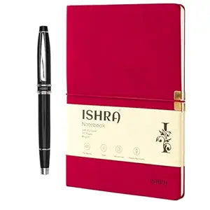 ISHRA Red A5 Ruled Notebook & Black Roller Pen with Chrome Trims | Blue Ink | Gift Set
