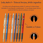 Scrikss Matri-X 0.7mm Orange Mechanical pencils in various colors on an orange background with text.