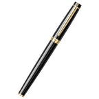 Scrikss Honour 38 Medium nib Fountain Pen in Glossy Black GT with gold accents on a white background