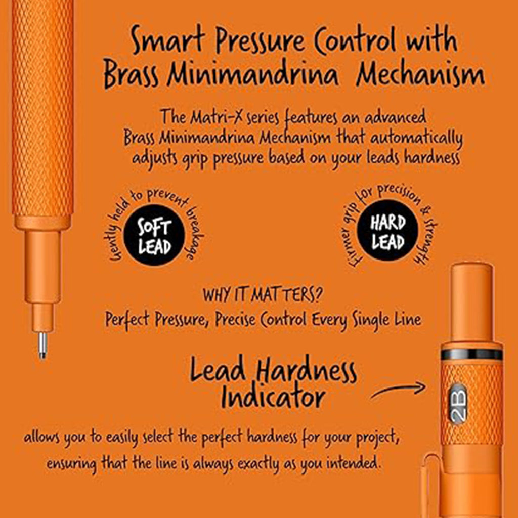 Scrikss Matri-X 0.7mm Mechanical Pencil in Orange background with text and pen illustration highlighting pressure control and lead hardness indicator.