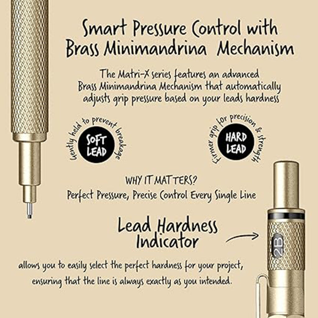Scrikss Matri-X 0.7mm Mechanical Pencil in Metallic Gold Intricate details of a pen mechanism with text on a beige background.