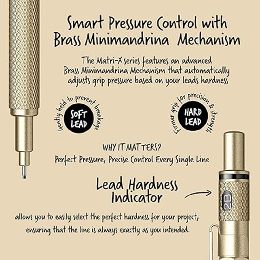 Scrikss Matri-X 0.7mm Mechanical Pencil in Metallic Gold Intricate details of a pen mechanism with text on a beige background.