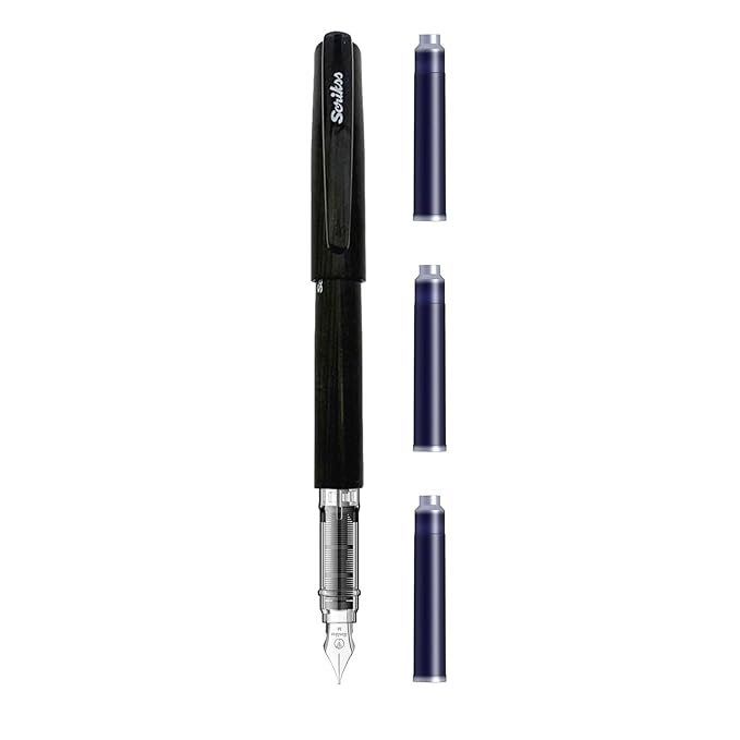 Scrikss Primeo Medium Nib Fountain Pen with 3 Cartridges - Black