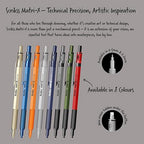Scrikss Matri-X 0.5mm Mechanical pencils in various colors on a gray background with text.