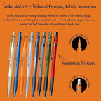 scrikss mtri-x Mechanical pencils in various colors on an orange background with text.