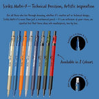 Set of scrikss matri-x mechanical pencils in various colors on a blue background.
