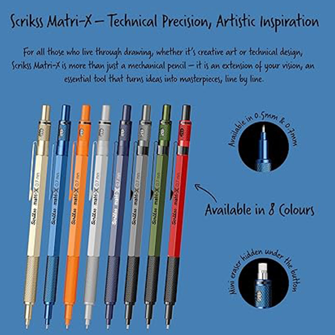 Set of scrikss matri-x mechanical pencils in various colors on a blue background.