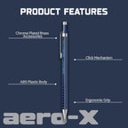 Scrikss Aero-X 0.7mm Mechanical Pencil in Dark Blue with labeled features on a dark blue background, featuring the brand ' Scrikss aero-X'.