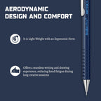 Scrikss Aero-X 0.7mm Dark Blue Mechanical Pencil with text about aerodynamic design and comfort on a dark blue background