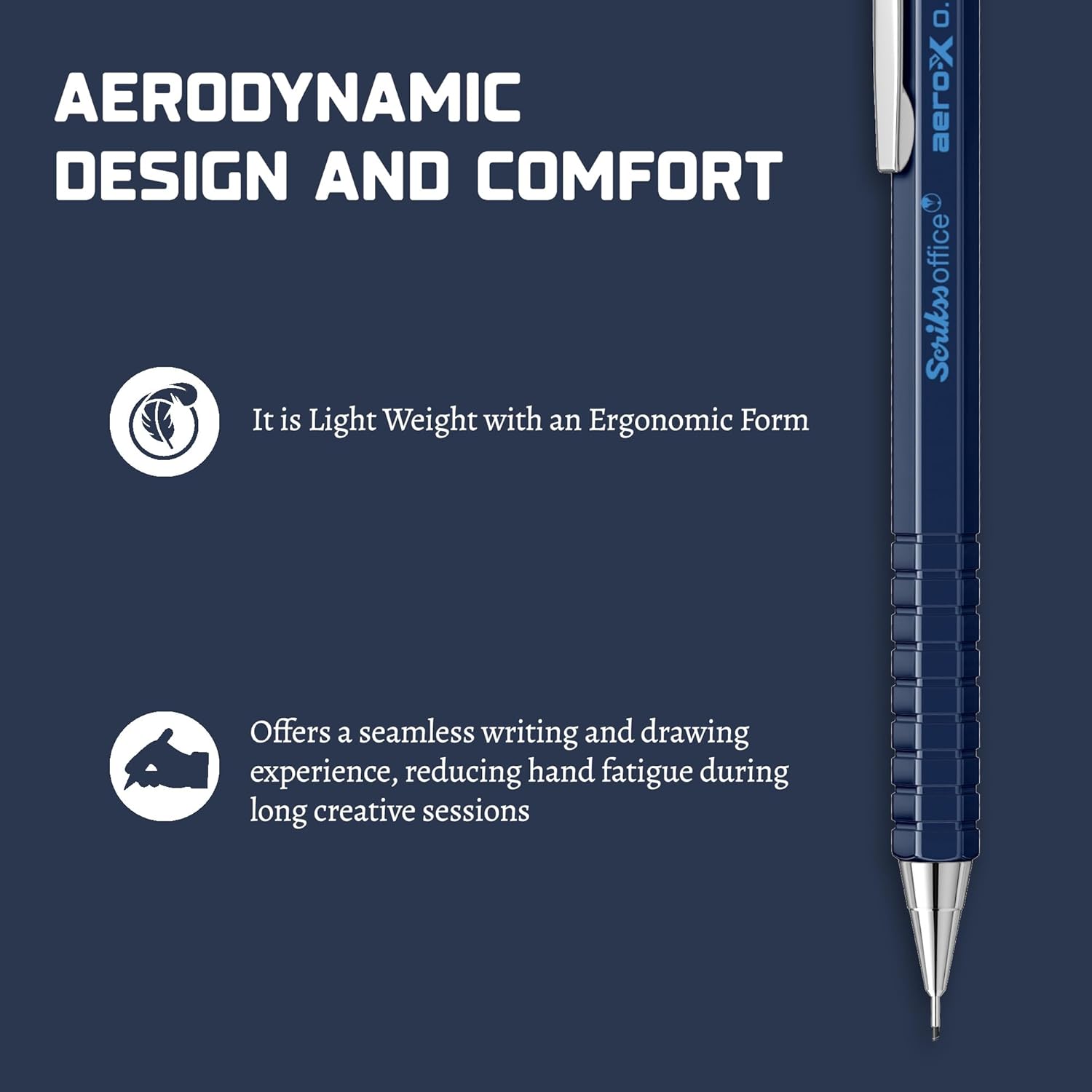 Scrikss Aero-X 0.7mm Dark Blue Mechanical Pencil with text about aerodynamic design and comfort on a dark blue background