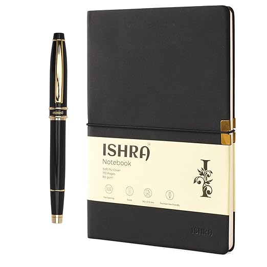 ISHRA   Black A5 Ruled Notebook & Black Roller Pen with Gold Trims | Blue Ink | Gift Set