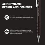 Scrikss Aero-X 0.7mm Mechanical Pencil in Black with text about aerodynamic design, comfort, and features on a black background