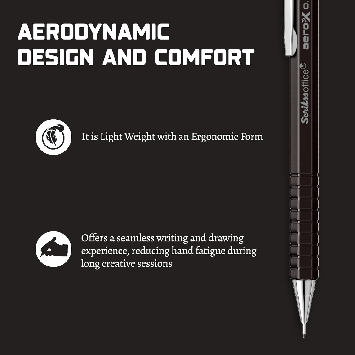 Scrikss Aero-X 0.7mm Mechanical Pencil in Black with text about aerodynamic design, comfort, and features on a black background