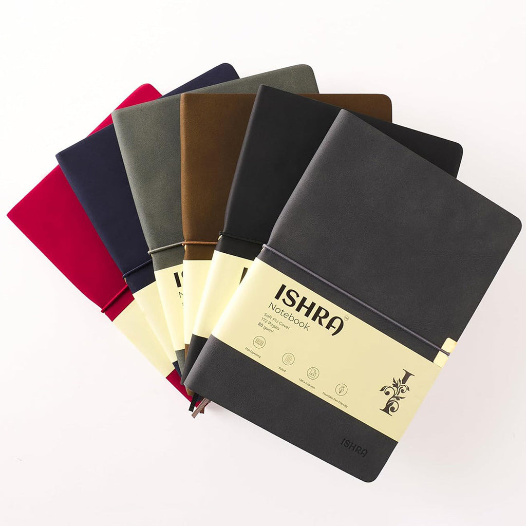 ISHRA A5 Size Ruled Notebook | Ideal Note Book Journal Diary for Work Office Writing Journaling Note Taking Travel | Brown Soft Cover| 172 Pages | 80gsm | Fountain Pen Friendly Paper