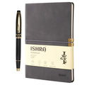 ISHRA Dark Grey A5 Ruled Notebook & Black Roller Pen with Gold Trims | Blue Ink | Gift Set