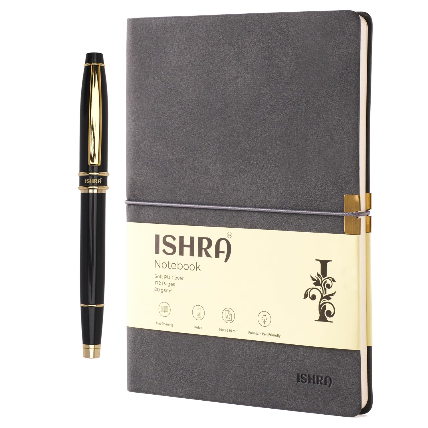 ISHRA Dark Grey A5 Ruled Notebook & Black Roller Pen with Gold Trims | Blue Ink | Gift Set