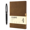 ISHRA Brown A5 Ruled Notebook & Black Roller Pen with Chrome Trims | Blue Ink | Gift Set