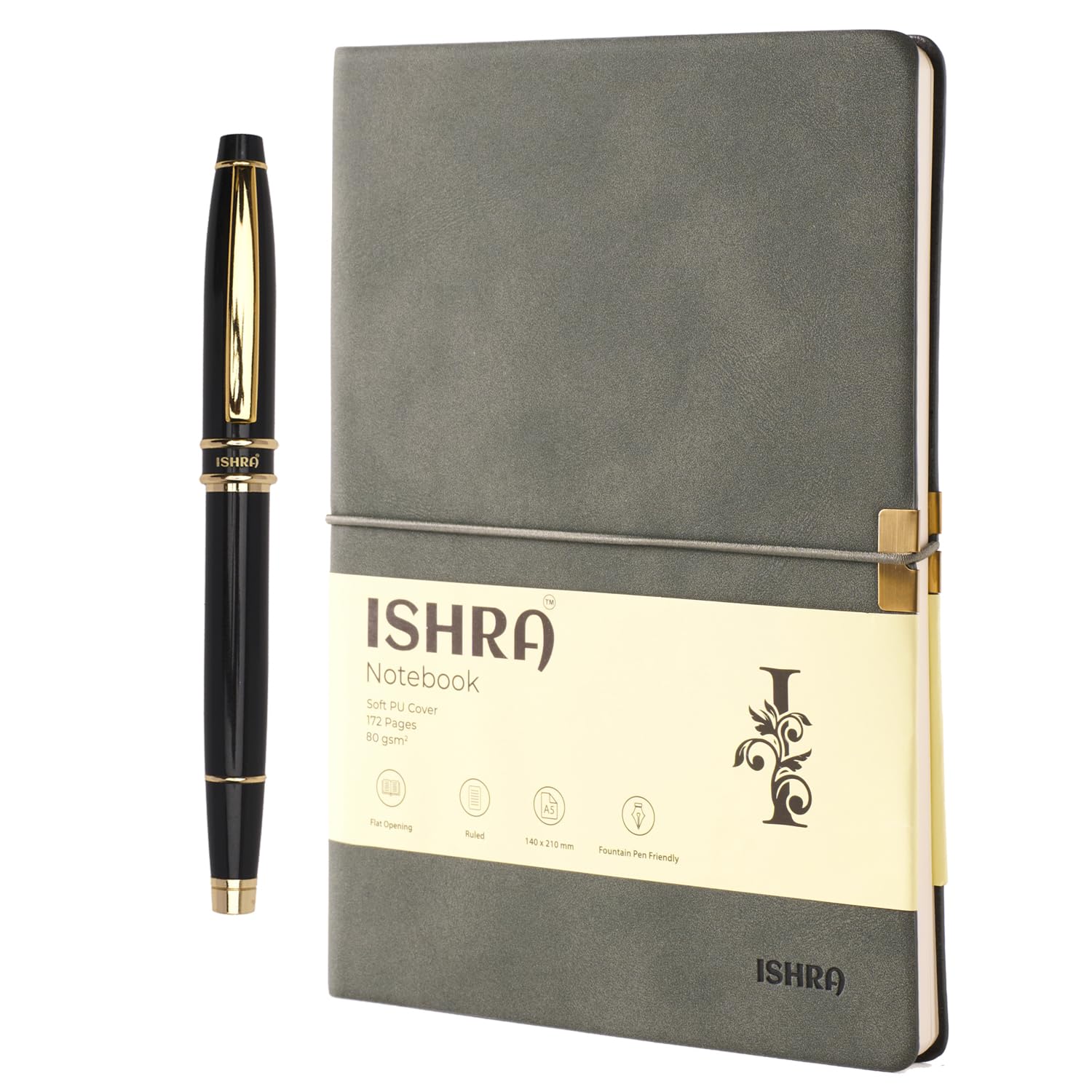 ISHRA Olive Green A5 Ruled Notebook & Black Roller Pen with Gold Trims | Blue Ink | Gift Set