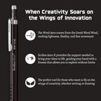 Scrikkss Aero-X mechanical pencil with promotional text on a black background