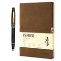 ISHRA Brown A5 Ruled Notebook & Black Roller Pen with Gold Trims | Blue Ink | Gift Set