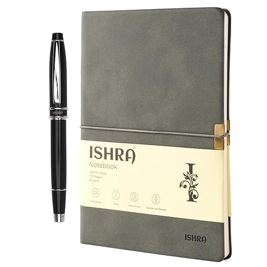 ISHRA Olive Green A5 Ruled Notebook & Black Roller Pen with Chrome Trims | Blue Ink | Gift Set