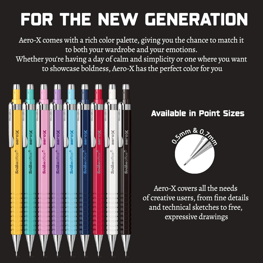 scrikss aero-x Set of colorful mechanical pencils with text on a black background